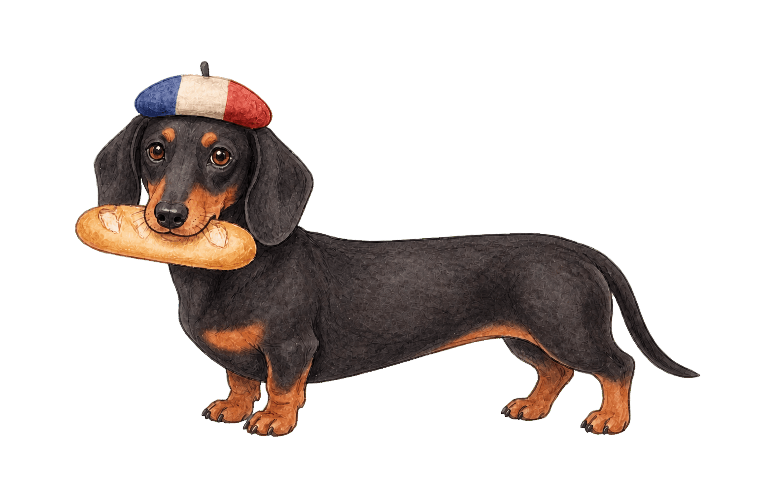 A hand-drawn dachshund wearing a beret and holding a baguette